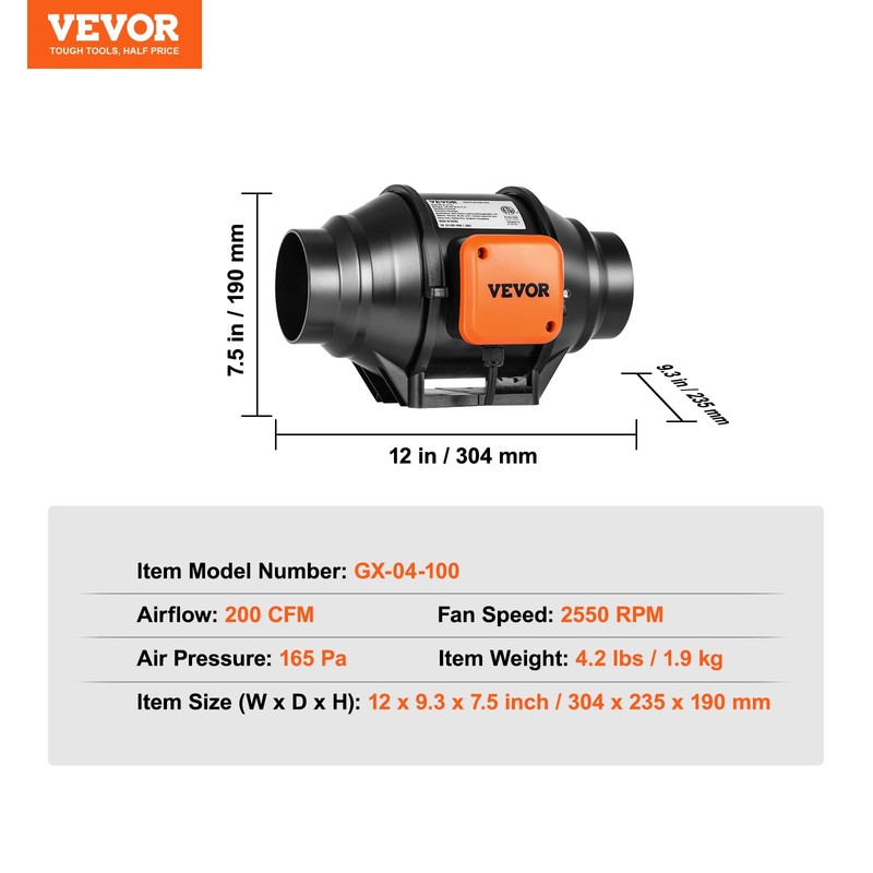 VEVOR Inline Duct Fan, 4-Inch 200 CFM with Variable Speed