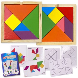 3 Bees & Me 2 Wooden Tangram Shapes Puzzle Toys with 52 Pattern Cards for Kids and Adults - Montessori Wood Toy, STEM Shape Puzzles Manipulatives Games, Educational Tangrams for Kids