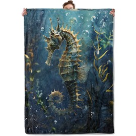 TRYYN Underwater Retro Seahorse Throw Blanket for Couch Picnic Camping Bedroom Decor, Deep Ocean Blue Marine Life, Super Soft Cozy Warm Fluffy Fleece Blankets Gifts for Kids Adults, 60x50 Inch