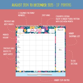 Large 2024-2025 Family Planner 5 Columns Week to View Calendar with Memo Pad 17 Months Wall Planner With Shopping List and Stickers (Aug 2024 - Dec 2025)