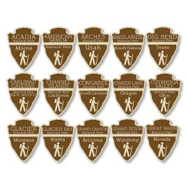 American Vinyl Sheet of All 63: 3 inch tall Arrowhead Shaped National Park Stickers (travel rv)