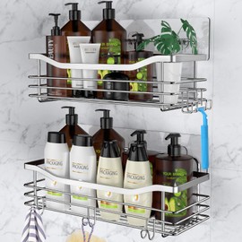 Orimade Shower Caddy Basket Soap Dish Holder Shelf with 5 Hooks Bathroom Organizer Shelf Kitchen Storage Rack Wall Mounted Adhesive No Drilling Rustproof SUS304 Stainless Steel - 3 Pack