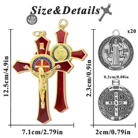 Aswitnove 22 Pcs St Benedict Crucifix Accessory Set, 2 Pcs 4.9 x 2.7 Inch Enamel Crucifix Wall Cross Decor 20 Pcs 0.9 x 0.79 Inch San Benito Medalla Pendant Catholic Protection Prayer Decoration Red