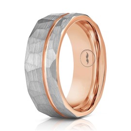 Gentlemen's Bands Premium Hammered Silver Tungsten Wedding Band With Thin Rose Gold Strip | Wedding band is ideal Gift | Package Includes Silicone Band, Walnut Box, Leather pouch | Size 10