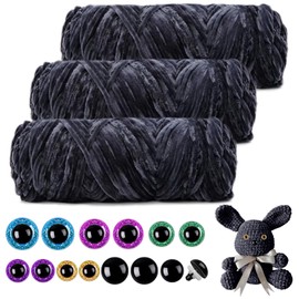 Mngevcy 3 x 150 m Chenille Wool for Crochet, Fluffy Wool, Soft Chenille Yarn with 14 Safety Eyes for Knitting, Dark Grey
