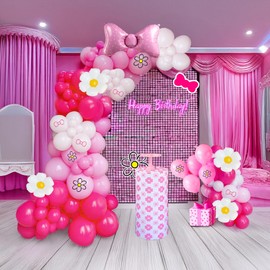 Pink Balloons Arch Kit 140pcs hot Pink White Garland kit include Bow Daisy print Balloons and Bow Daisy Foil Balloons for Cartoon Cat Theme Birthday Girl Kids Birthday Baby Shower Flower Decor