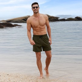 BRISIRA Swim Trunks Men Quick Dry Swim Shorts 5 inch Inseam Stretch Water Beach Shorts with Compression Liner Zipper Pocket ArmyGreen