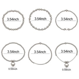 Layered Silver Heart Beaded Bracelets Set for Women Stackable Stretch Beads Bracelets Adjustable Heart Bangles for Women Elastic Round Ball Bracelets for Daughter Friend Birthday Gifts 8 Pcs