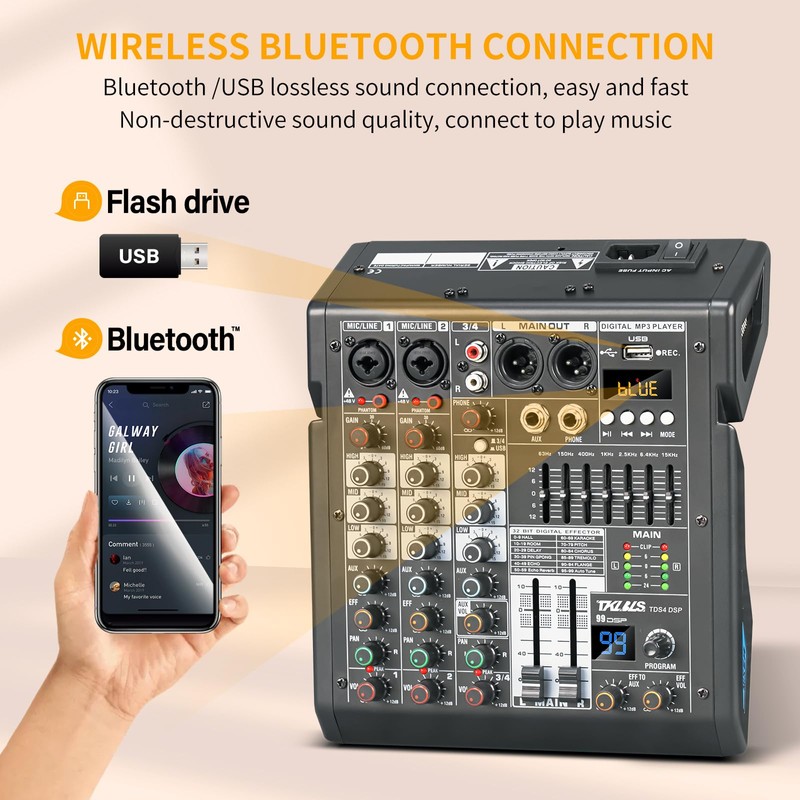 TKLBLS Audio Mixer, 4 Channel Sound Board Mixing Console with