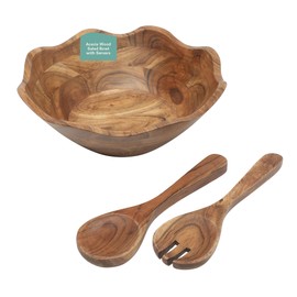 Gibson Home Sandhurst 3-Piece Acacia Wood Salad Bowl Set – 12-Inch Scalloped Serving Bowl with Wooden Salad Servers – Natural Rustic Finish for Dining, Entertaining, or Gifting