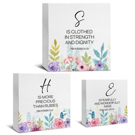 3 Pcs Inspirational Women Wood Signs Decor Encouragement Wood Block Signs for Women Religious Floral SHE Wooden Box Signs Decorations for Home Bedroom Bathroom Tiered Tray Desk Shelf