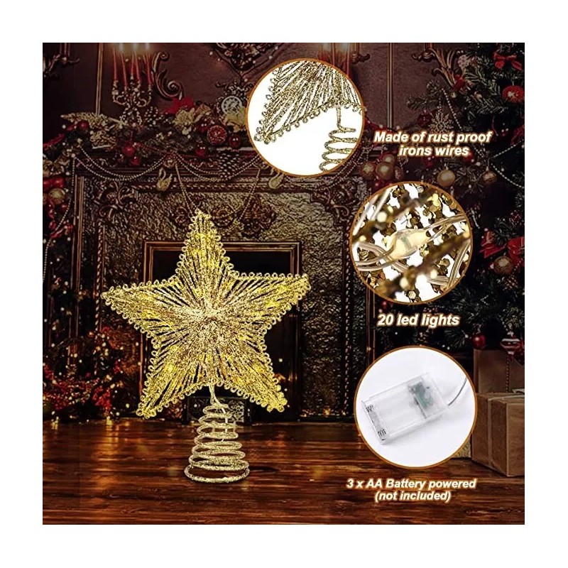 Gold Star Christmas Tree Topper – Treetop Sparkle – 20