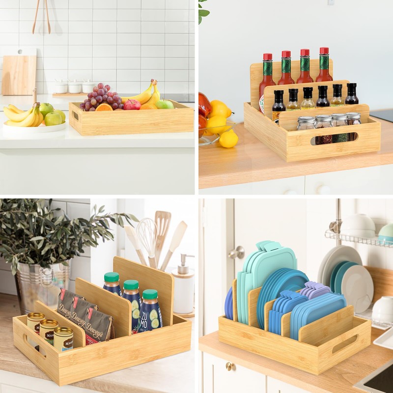 Retro Shaw Bamboo Food Container Lid Organizer with Adjustable Dividers