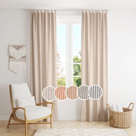 Gauze Striped Curtains, Boho Linen Gauze Tab Top Hanging Curtains Light Filtering Door Window Treatment 2 Panel Curtain Drapes for Living Room Home Décor Grey on Beige (72"x42" Each Panel)