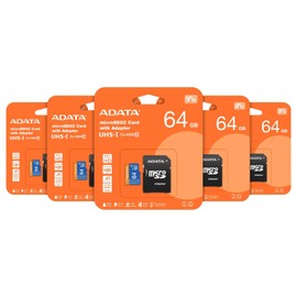 PSA COMPUTO Y PAPELERIA Kit de 5 Tarjetas de Memorias Micro ADATA 64 GB (AUSDX64GUICL10A1-RA1) con Adaptador Color Negro con Azul A1 (Clase 10) grabación de vídeo Full HD 1080p
