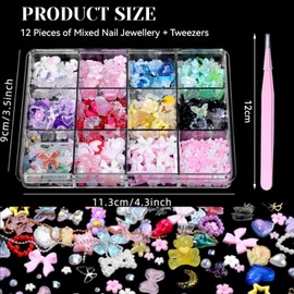 Irikdescia 3D Nail Charms Set, Colourful Flowers, Flowers, Bows, Moon, Heart, Star, Nail Art Charms, Luminous Crystal Embellishments, Nail Accessories, DIY Accessories