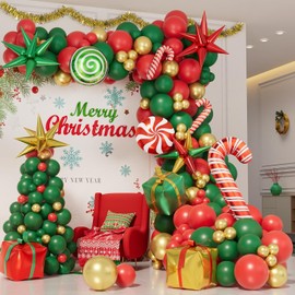 CONLEKE 171Pcs Christmas Balloons Garland Arch kit with Holiday Red Green Gold Balloons Candy Balloons Gift Box Balloons Explosion Star Foil Balloons for Xmas Party Decorations
