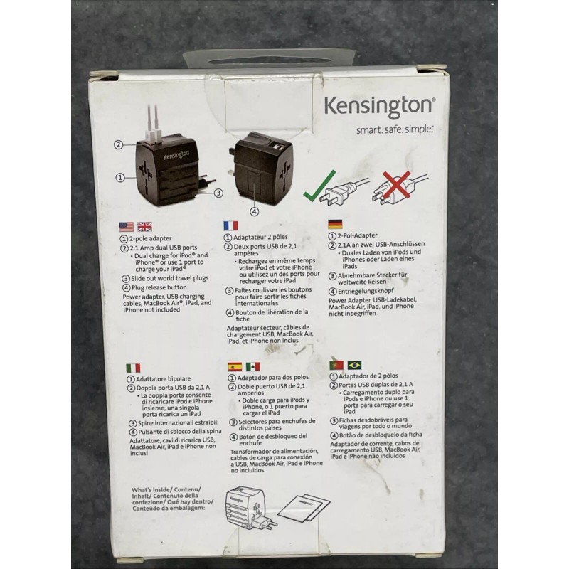 Kensington 2.1 Amp 2 USB ports International Travel Adapter -