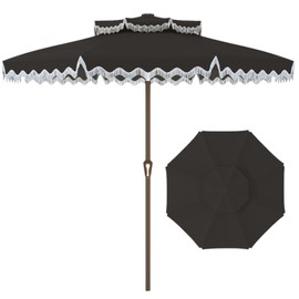 Patiokingdom 9FT Patio Umbrella with Fringe,Tassel Outdoor Market Umbrella UPF 50+ & Push-Button Tilt,Rust-Resistant Fiberglass Frame for Pool,Garden,Backyard,Yard(Black)