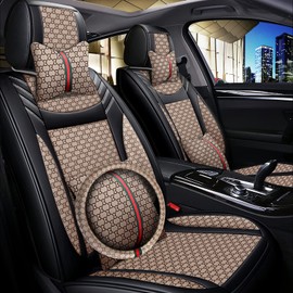 Car Seat Cover Full Set, Premium Soft Breathable Seat Covers with Neck Pillows, Lumbar Pillows, Steering Wheel Cover for Most 5 Seats Cars SUV, Airbag Compatible (Beige)