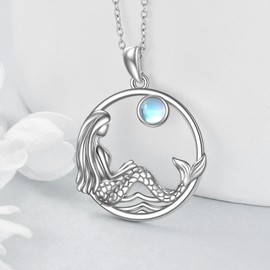 VONALA Mermaid Necklace for Woman 925 Sterling Silver Mermaid Pendant Necklace Moonstone Ocean Mermaid Jewelry for Women, Sterling Silver, No Gemstone