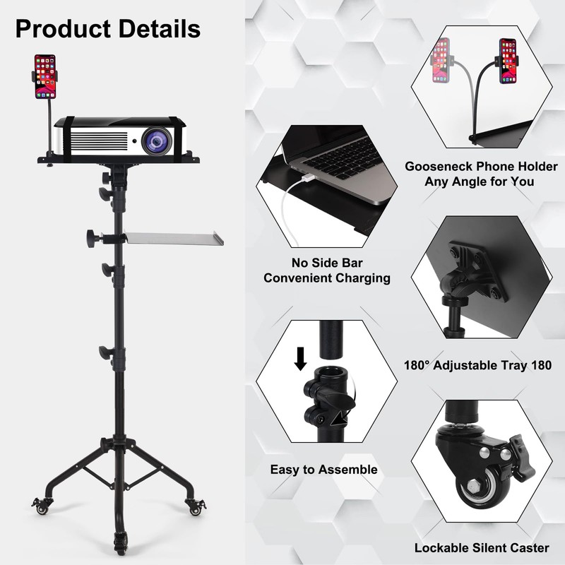 Tossbiss Laptop Tripod on Wheels with 2 Shelves, Portable Projector