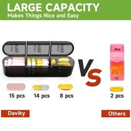 Daviky Pill Organizer 3X a Day, Weekly Pill Box 7 Day, Travel Pill Case with Large Containers, Light-Proof Pill Case for Vitamins, Medication, Supplem