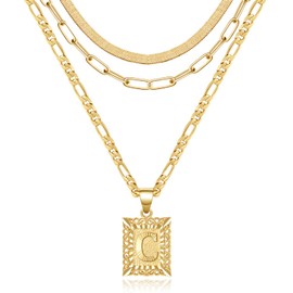 KissYan Gold Layered Necklace Set for Womens, 14K Gold Plated Initial Letter Pendant Necklace Paperclip Snake Choker Silver Alphabets from A-Z Figaro Chain Necklace Jewelry Gift (Gold C)