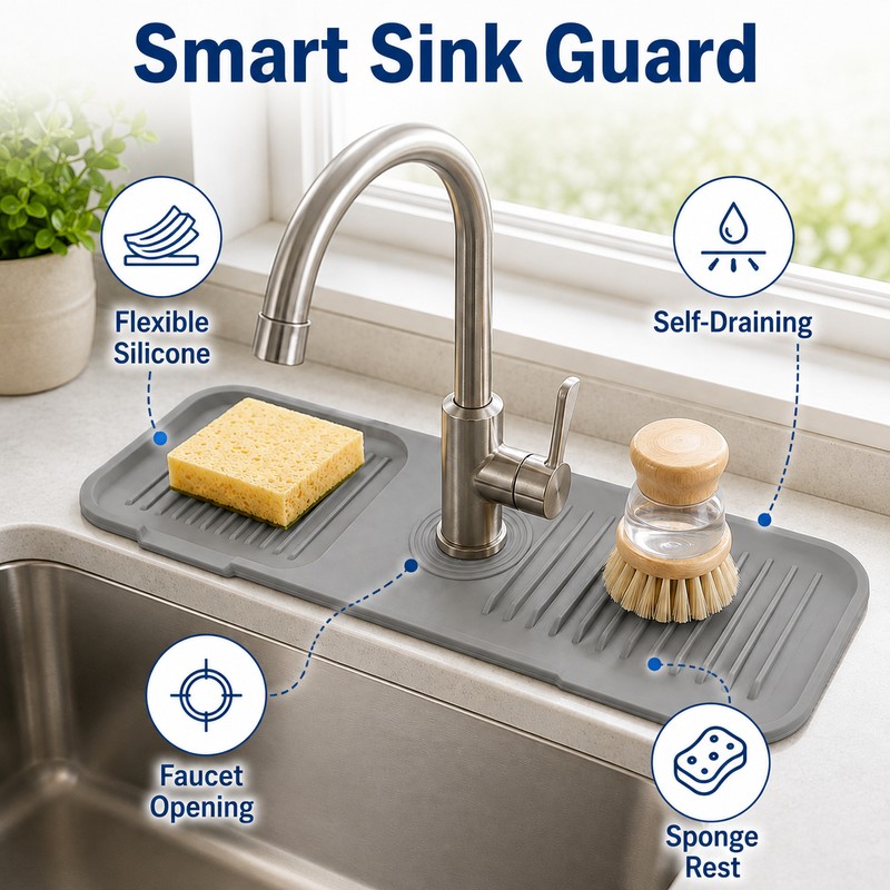 Silicone Faucet Splash Guard for Sink - Self-Draining Countertop Mat