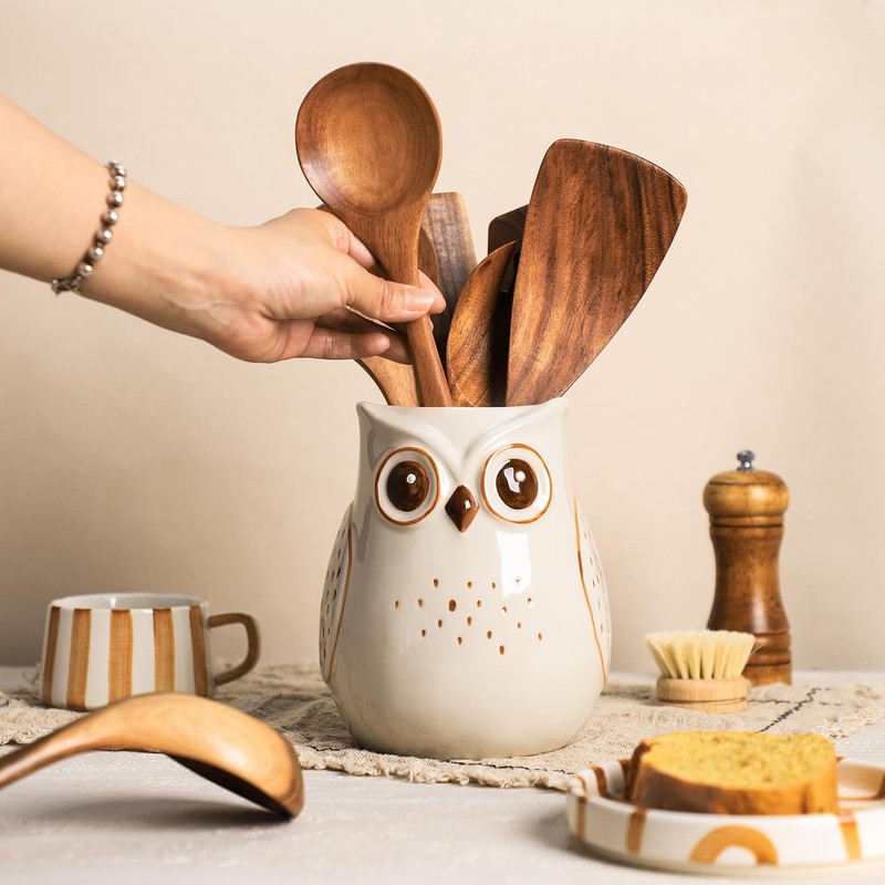 SOCOSY Owl Ceramic Kitchen Utensil Holder For Countertop, Cooking Utensil
