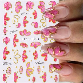 MIXFOSAHN Stickers para Uñas Nail Stickers Self-Adhesive Sticker Gold Pink 3D Wild Flower Calcomanías para Uñas Gold Floral Art Design Accessories Hight Quality 4 Sheets