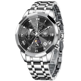 OLEVS Men's Watches Analog Quartz Waterproo Stainless Dress Steel Black Big Face Dial Roman Numerals Easy Read with Chronograph Day Date Moonphase Luxury Dainty Luminous Durable Wristwatch