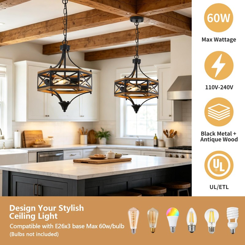 Farmhouse Pendant Light, 3-Light Foyer & Dining Room Hanging Light
