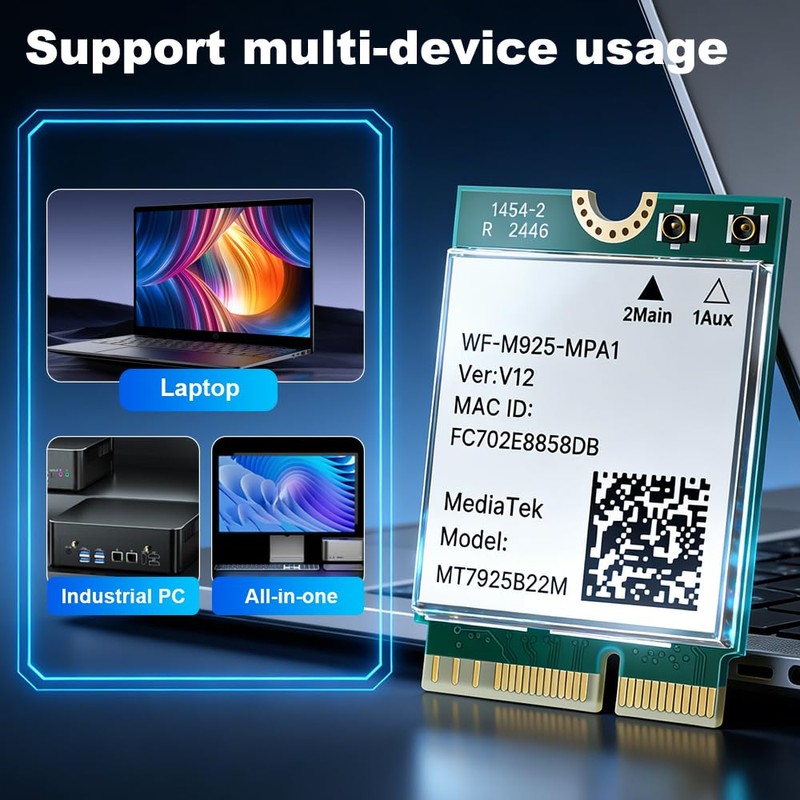 WiFi 7 Card 6.5Gbps MT7925 for Gaming 4K Streaming M.2