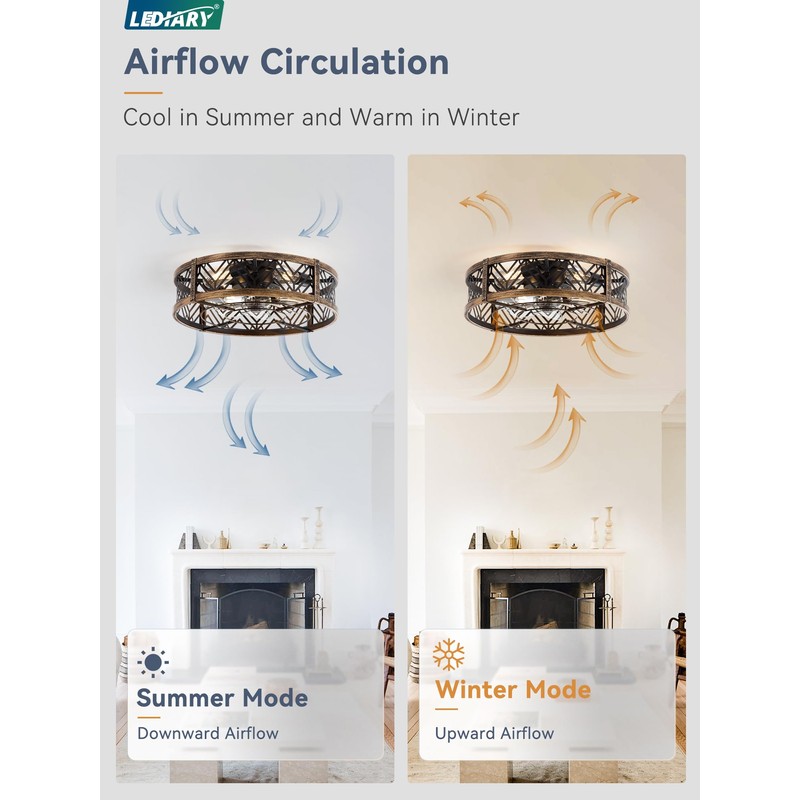 LEDIARY 20" Caged Ceiling Fan with Light, Small Flush Mount,