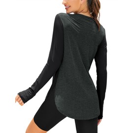 ZHENWEI Long Sleeve UPF 50+ Shirts for Women Outdoor Athletic Sun Shirts Quick Dry Running Boat Neck Light Weight Gym Tops (Black Deep Grey, S)