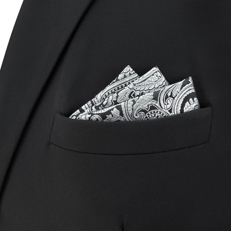 SHLAX&WING Men's Silver Black Paisley Silk Pocket Square, 12.6 x