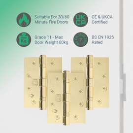 EAI Brass Door Hinges | 4 Inch / 102mm Polished Brass Internal Fire Door Hinges | 1.5 Pairs