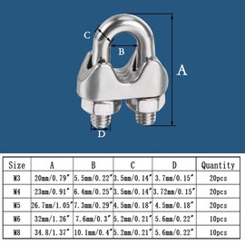 huruirui Wire Rope Clamp 5 mm 20 Pieces Stainless Steel 304 Rope Clips Steel Cable Clamp Rope Connector Bow Rope Clamp for Steel Cable Steel Wire Fixed Suitable for Diameter 5 mm Wire (M5)