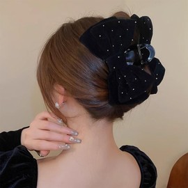 FineGood Velour Ribbon Hair Claw, Large, Secure, Elegant, High Visibility, Adult Cute, Korean Style, Hair Accessory, Women's, Black
