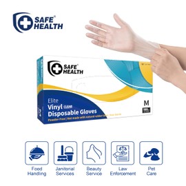 Safe Health Disposable Vinyl Gloves Multi-Purpose Plastic Gloves Food Safe, Latex Free Powder Free Non-Sterile 3 mil for Cleaning, Washing up, Salon, Service, Household, Daily, Medium (Box of 100)