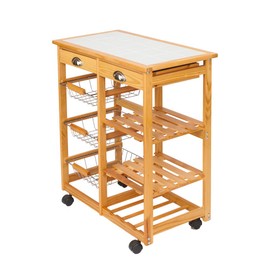 Brian Constance Rolling Kitchen Dining Island Cart Trolley Wood Storage Rack 2-Drawer & 3-Baskets & 2-Open Shelves & Wine Rack with Wheels (Wood Color)