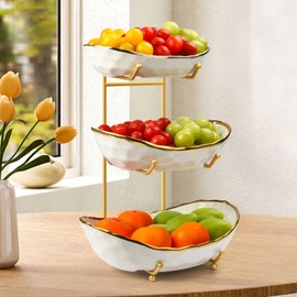 Fruit Bowl for Kitchen Counter - 3 Tier Ceramic Serving Bowls with Metal Stand, Tiered Fruit Basket for Snack Vegetable Storage, Nuts, Dessert | Modern No-Assembly Easy-Clean Home Decor (White)