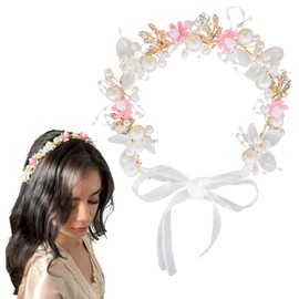 BYETOCE Pearl Hair Crown with Pink & Metallic Floral, Aestheticism Flower Wreath Headpiece for Bride Bridesmaids Hair Accessories, Headband Headpiece for Fairy Party Birthday Dressing