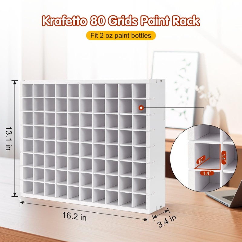 Krafetto 80 Grids Paint Organizer Storage Rack, Wall-mountable Craft Paints