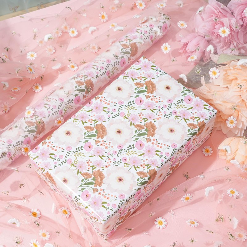 ZINTBIAL Floral Wrapping Paper Roll - White Peonies and Pink