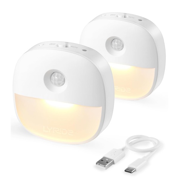 LYRIDZ Sensor Light, USB Rechargeable, Motion Activated Light, Indoor, Foot Light, Stepless Dimming, Night Light, LED Footlight, 3 Modes, Night Light, Light Bulb Color, Energy Saving, Thin, Hallway, Bedroom, Entryway, Staircase, 2 Pieces (English Language Not Guaranteed)