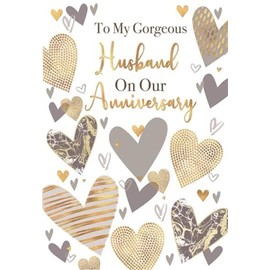 Husband Wedding Anniversary Card - Silver Gold Hearts with Gold Foil 7.75x5.25"