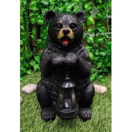 Rustic Garden Cute Black Bear Holding Solar Lantern Path Light Greeter Statue