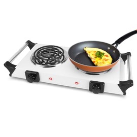 iMounTEK 2000W Electric Dual Burner Portable Coil Heating Hot Plate Stove Countertop RV Hotplate with 5 Temperature Adjustments Portable Handles/Sliver-Double